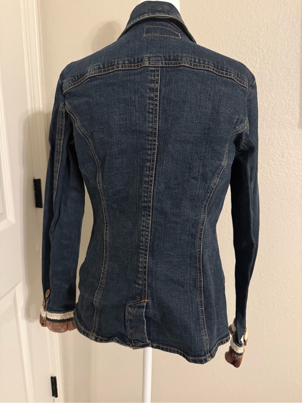Vintage Dark Blue Denim Blazer with Paisley Trim - Picture 3 of 7